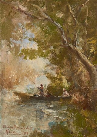 Pompeo Mariani "In barca" 1909olio su cartone (cm 22,5x15,5)Firmato, dedicato