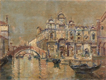 Antonio Reyna De Manescau "Mattino di sole a Venezia" 
olio su cartone telato (c