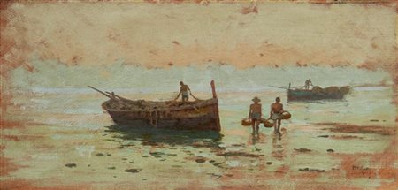 Michele Catti "Pescatori sulla riva" 
olio su tavola (cm 16x32)
Firmato in basso