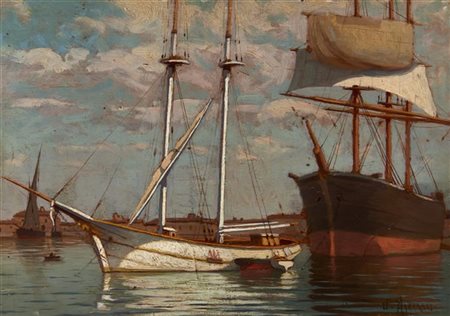 Ugo Manaresi "Barche in porto" 
olio su tavola (cm 22,5x31)
Firmato in basso a d