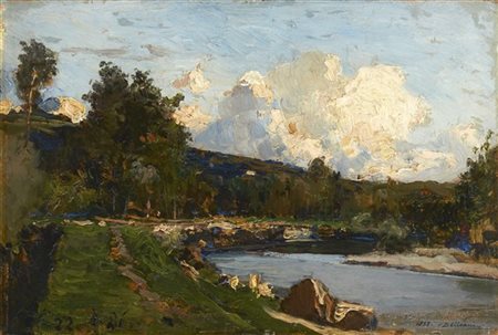 Lorenzo Delleani "Paesaggio con corso d'acqua" 22/ 8/ 86
olio su tavola (cm 25x3