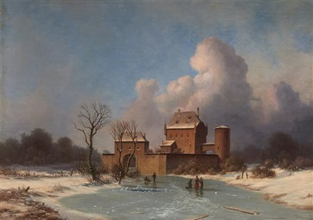 Georg Emil Libert "Paesaggio invernale con figure presso un castello" '50
olio s