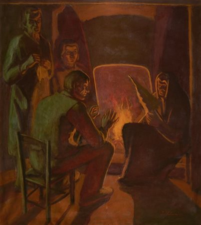 Innocente Salvini "Accanto al fuoco" 
olio su tela (cm 140x130)
Firmato in basso