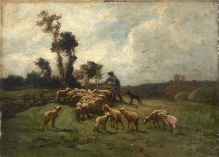 Carlo Pittara "Il ritorno del gregge" 
olio su tela (cm 26x36)
Firmato in basso