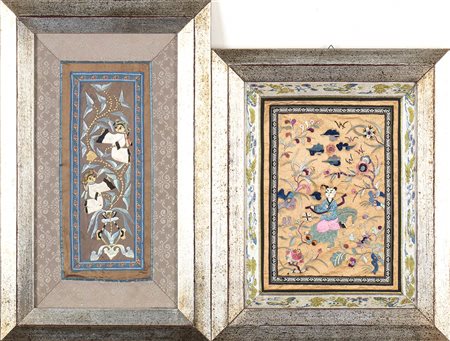 DUE PANNELLI IN SETA LAVORATA A RICAMO CON FIGURE
Cina, XX secolo