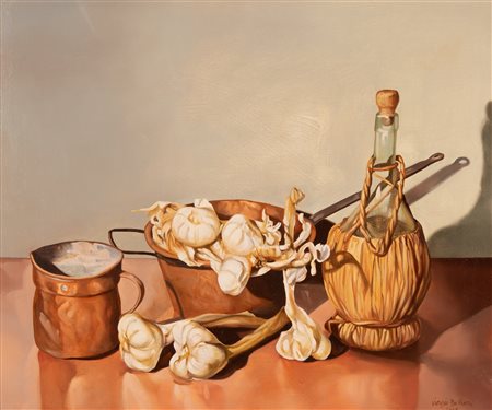 Giorgio Balboni (Ferrara, 1943 - Ferrara, 2016)  Natura morta con agli e fiasco di vino