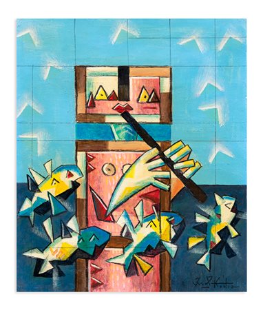 IBRAHIM KODRA (1918-2006) - Senza Titolo (Suonatore di flauto con pesci)