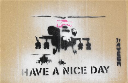 Banksy (1974) HAVE A NICE DAY sprayed stencil graffiti su cartone, cm...