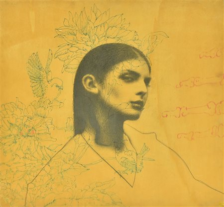Omar Galliani (1953) FIORI, INSETTI E SANTI tecnica mista su legno, cm...