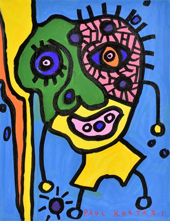 Paul Kostabi IN NEED OF PAUSE AND PEACE olio e acrilico su tela, cm 36x28...