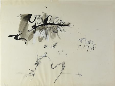 Sergio Dangelo (1932) NIDI tempera su carta, cm 48x65 firma e data sul retro:...