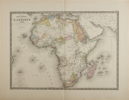  A. Bruè - Geographe
Carte generale de l'Afrique, 1875
Revue par E.Levasseur, Membre de l'istitut Geographique de Paris
ed. Ch. Delagrave
incisione acquarellata su carta.