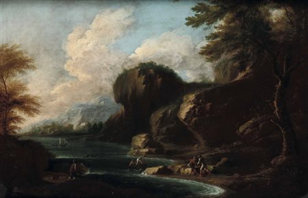 Scuola romana del XVII secolo Paesaggio lacustre con figure