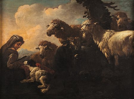 Scuola del XVII secolo Pastorella con armenti