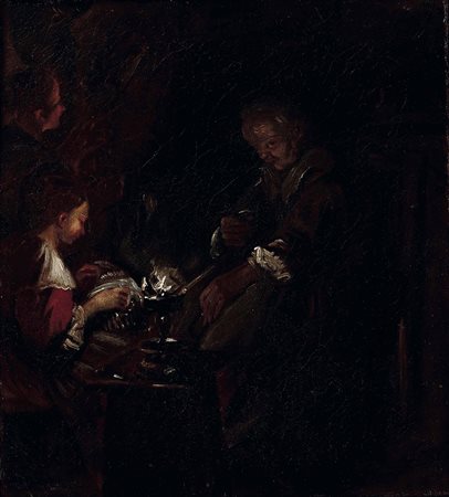 Scuola fiamminga del XVII secolo Scena di interno con donne al lavoro