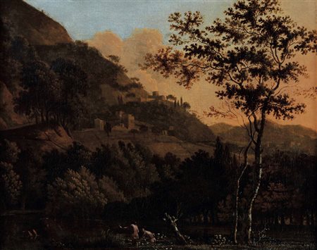 De Heusch Wilhelm attribuito a, Paesaggio fluviale con bagnanti