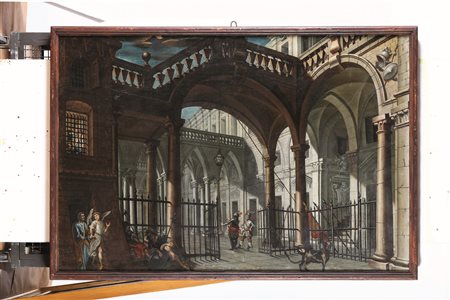 Scuola italiana del XVIII secolo Scorcio architettonico con la liberazione di San Pietro