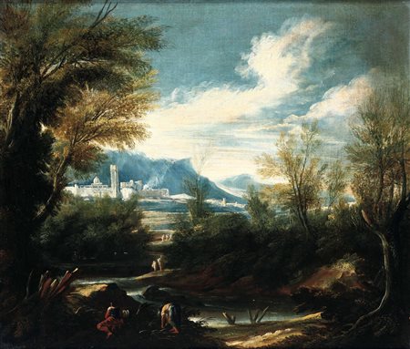 Peruzzini Antonio Francesco ambito di, Paesaggio fluviale con contadini