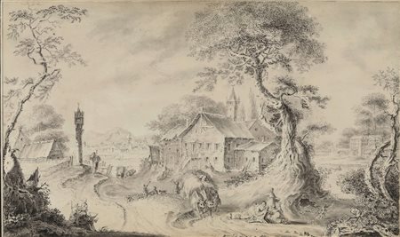 Landerer Ferdinand, Veduta di villaggio con pastori e contadini