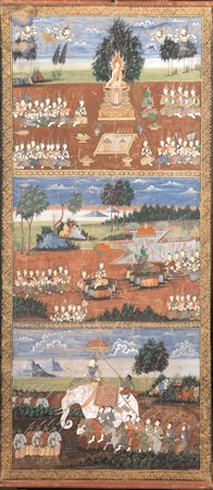 Dipinto, Tailandia sec. XIX-XX, su stoffa, diviso in tre sezioni raffiguranti...