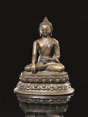 Scultura Tibet sec. XIX, raffi gurante Buddha seduto su una base a doppio fi...