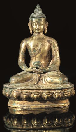 Scultura, Tibet, sec. XIX -XX, in bronzo dorato raffi gurante il Buddha della...