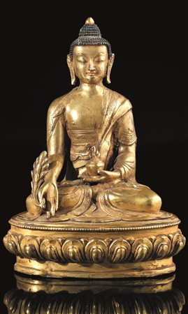 Scultura, Tibet sec. XIX -XX, in bronzo dorato raffi gurante Buddha assiso in...