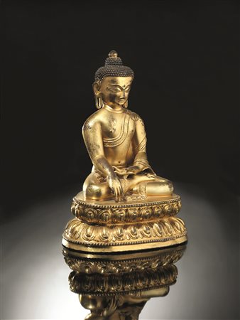 Scultura, Tibet, sec. XVII - XVIII, in bronzo dorato raffigurante il Buddha...