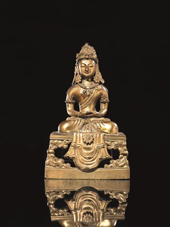 Scultura, Tibet sec. XVIII, in bronzo dorato raffigurante Amitayus seduto in...