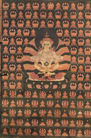 Scultura, Tibet sec. XVIII, in bronzo dorato raffigurante Amitayus seduto in...