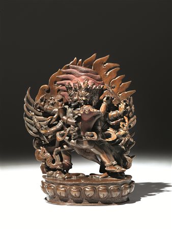 Scultura Tibet, fine sec. XIX, in rame sbalzato radffigurante Hevajra con...