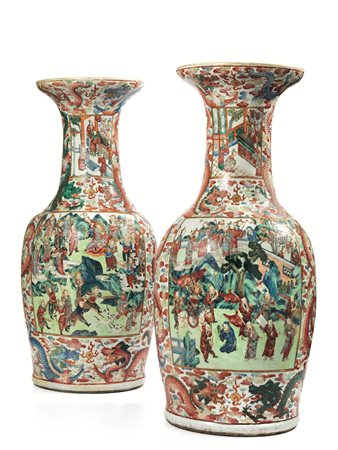 Coppia di vasi, Cina della Dinastia Qing sec. XIX, in porcellana policroma...