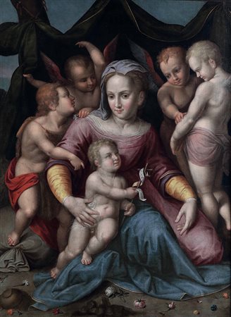 Pérez Matteo attribuito a, Madonna con Bambino, San Giovannino e cherubini