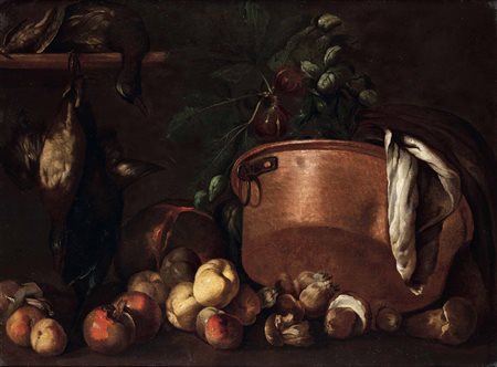 Scuola toscana del XVII secolo Natura morta frutti, cacciagione e pentola in rame