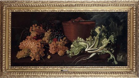 Scuola napoletana del XVII secolo Natura morta con frutta, verdure e una pentola in rame