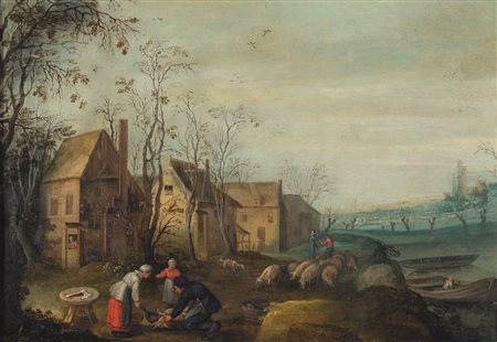 Scuola fiamminga del XVII/XVIII secolo L'uccisione del maiale