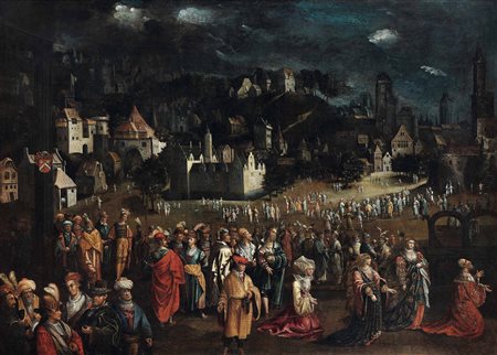 Scuola fiamminga del XVII secolo Scena sacra con committenti su sfondo di città