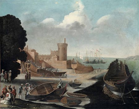 Tassi Agostino attribuito a, Veduta con fortificazione e cantiere navale