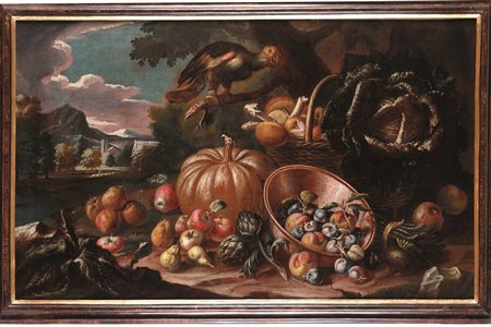 Scuola emiliana del XVIII secolo Natura morta con frutta, ortaggi e pappagallo
