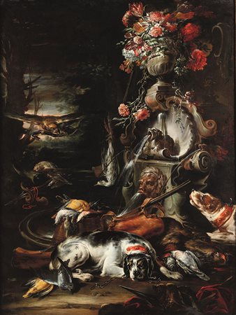 Cusati Gaetano, Natura morta con cacciagione su sfondo di giardino