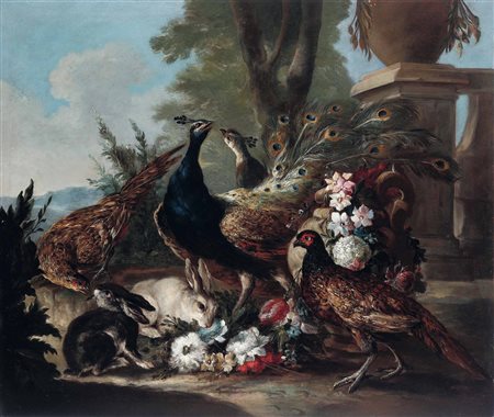 Crivelli Giovanni, Veduta di giardino con pavoni, fagiano e coniglietti