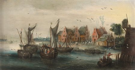 Gijsels Peeter attribuito a, Scorcio con approdo e villaggio