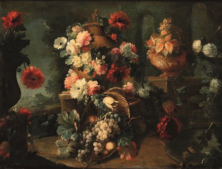 Rapous Michele Antonio attribuito a, Nature morte con frutti e vasi ricolmi di fiori
