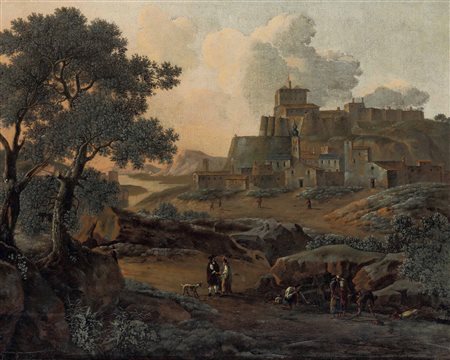 Scuola romana del XVII secolo Paesaggio con contadini e cittadella sullo sfondo