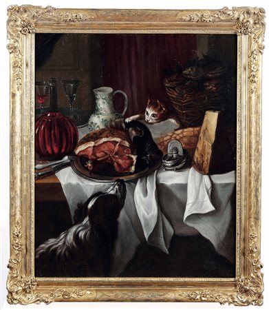 Desportes Alexandre-François attribuito a, Tavola imbandita con cane e gatto