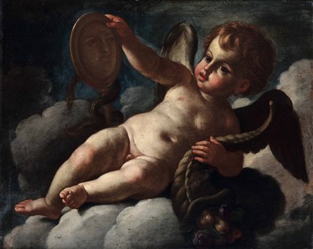 Scuola emiliana del XVII secolo Allegoria con putto con gli attributi della Prudenza e dell'Abbondanza