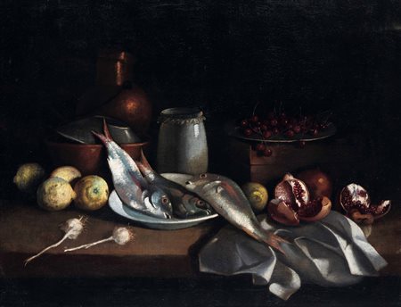 Levoli Nicola attribuito a, Natura morta con pesci e melograni