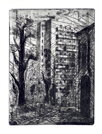 Riccardo Colombo VEDUTA URBANA acquaforte-acquatinta su carta, battuta cm...
