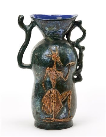 Pietro Melandri Vaso biansato in ceramica smaltata nei toni del verde, bruno e v