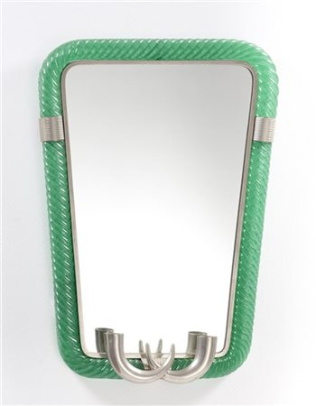 Venini Specchiera Novecento con cornice a torciglione in vetro soffiato verde a